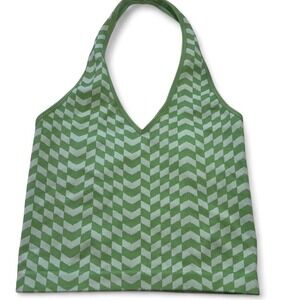 Green & White Halter Crop Top Chevron Print – Y2K Retro Vibe Size L